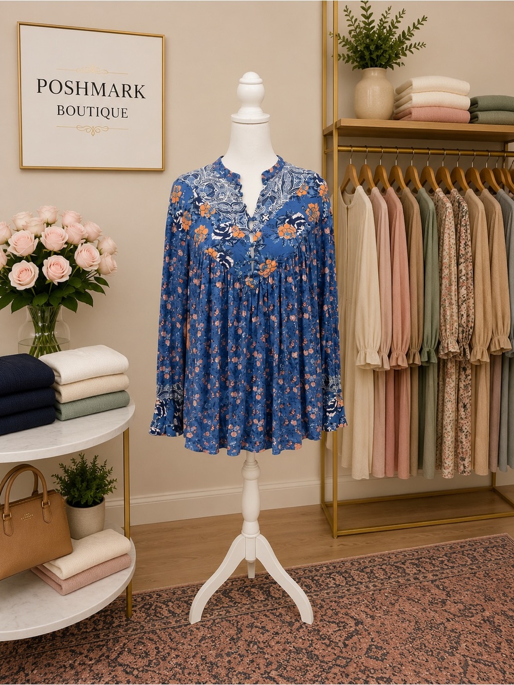 Free People Blue Floral Boho Rayon Tunic Top Bell Sleeve Button Front Medium